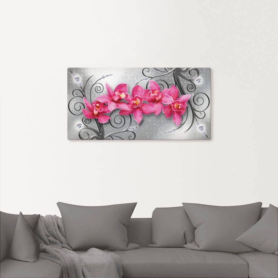 Artland Artprint Roze pioenrozen in glazen vaas Roze orchideeën op ornamenten als artprint van aluminium artprint voor buiten artprint op linnen poster muursticker