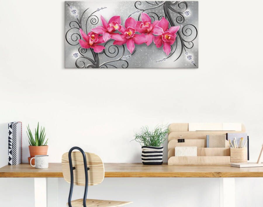 Artland Artprint Roze pioenrozen in glazen vaas Roze orchideeën op ornamenten als artprint van aluminium artprint voor buiten artprint op linnen poster muursticker