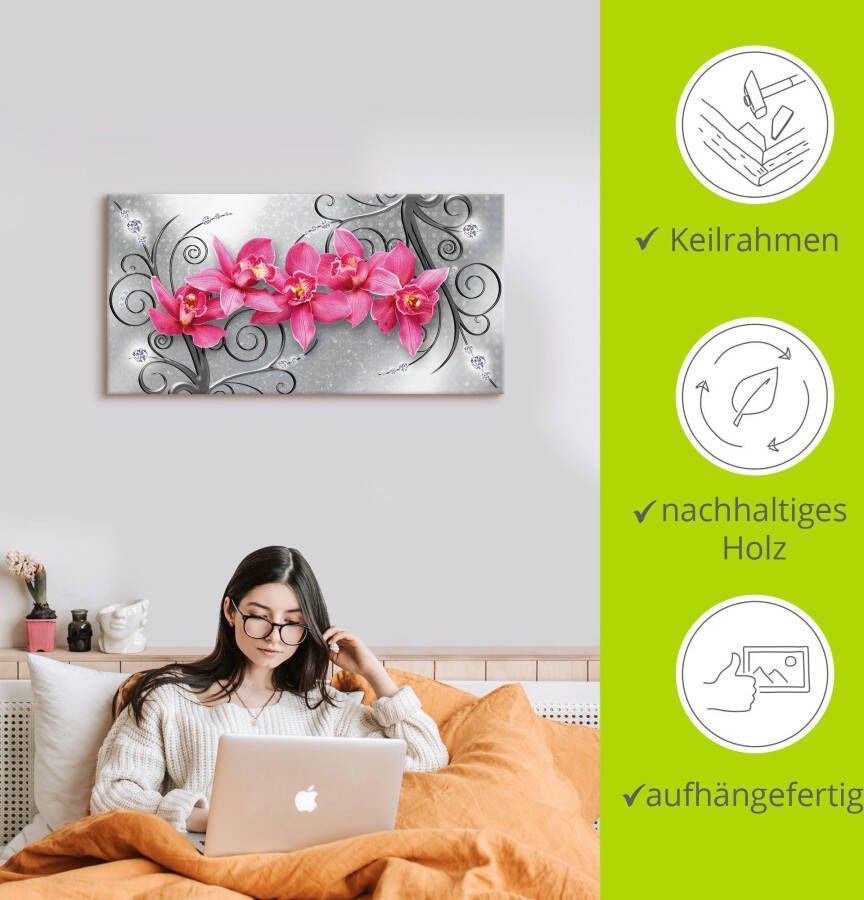 Artland Artprint Roze pioenrozen in glazen vaas Roze orchideeën op ornamenten als artprint van aluminium artprint voor buiten artprint op linnen poster muursticker