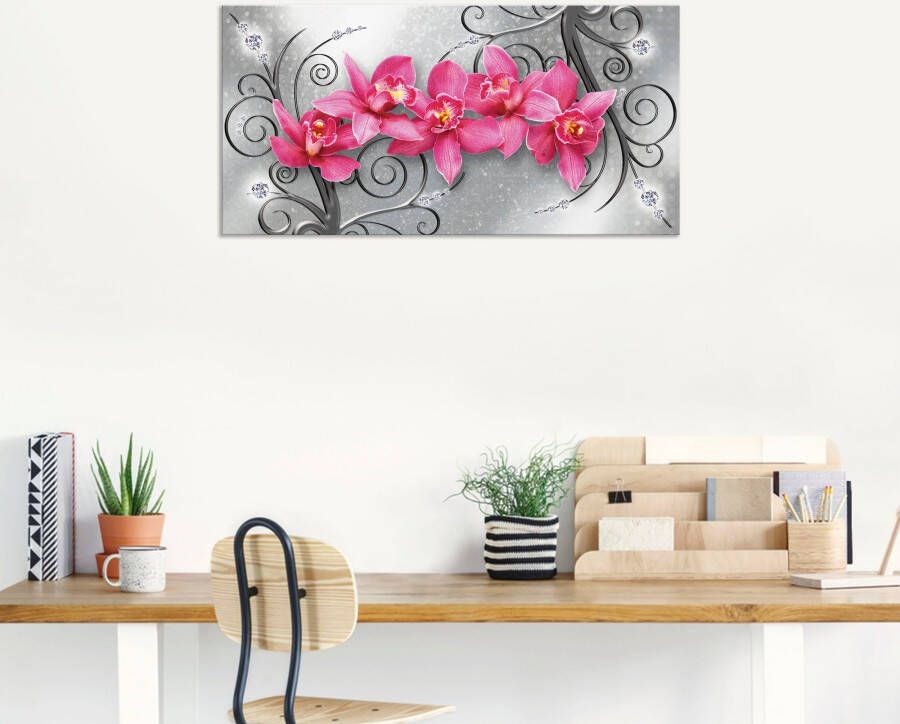 Artland Artprint Roze pioenrozen in glazen vaas Roze orchideeën op ornamenten als artprint van aluminium artprint voor buiten artprint op linnen poster muursticker