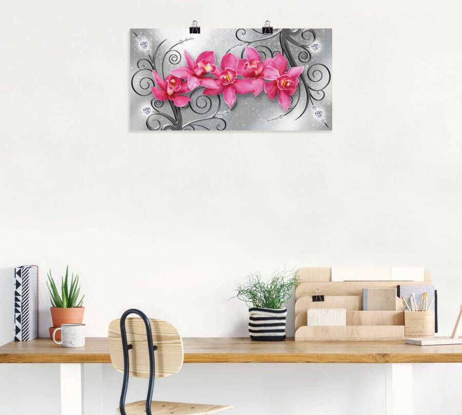 Artland Artprint Roze pioenrozen in glazen vaas Roze orchideeën op ornamenten als artprint van aluminium artprint voor buiten artprint op linnen poster muursticker