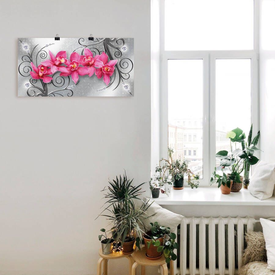 Artland Artprint Roze pioenrozen in glazen vaas Roze orchideeën op ornamenten als artprint van aluminium artprint voor buiten artprint op linnen poster muursticker