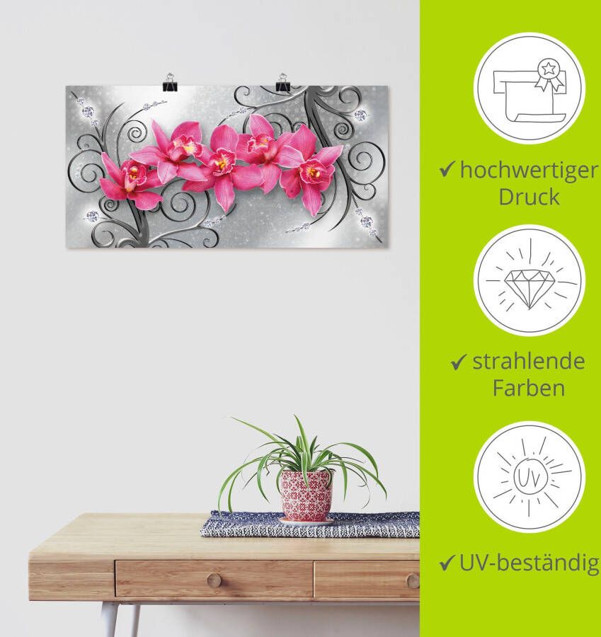 Artland Artprint Roze pioenrozen in glazen vaas Roze orchideeën op ornamenten als artprint van aluminium artprint voor buiten artprint op linnen poster muursticker