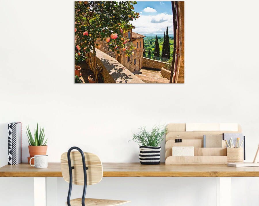 Artland Artprint Rozen op balkon Toscaans landschap als artprint van aluminium artprint voor buiten artprint op linnen poster muursticker