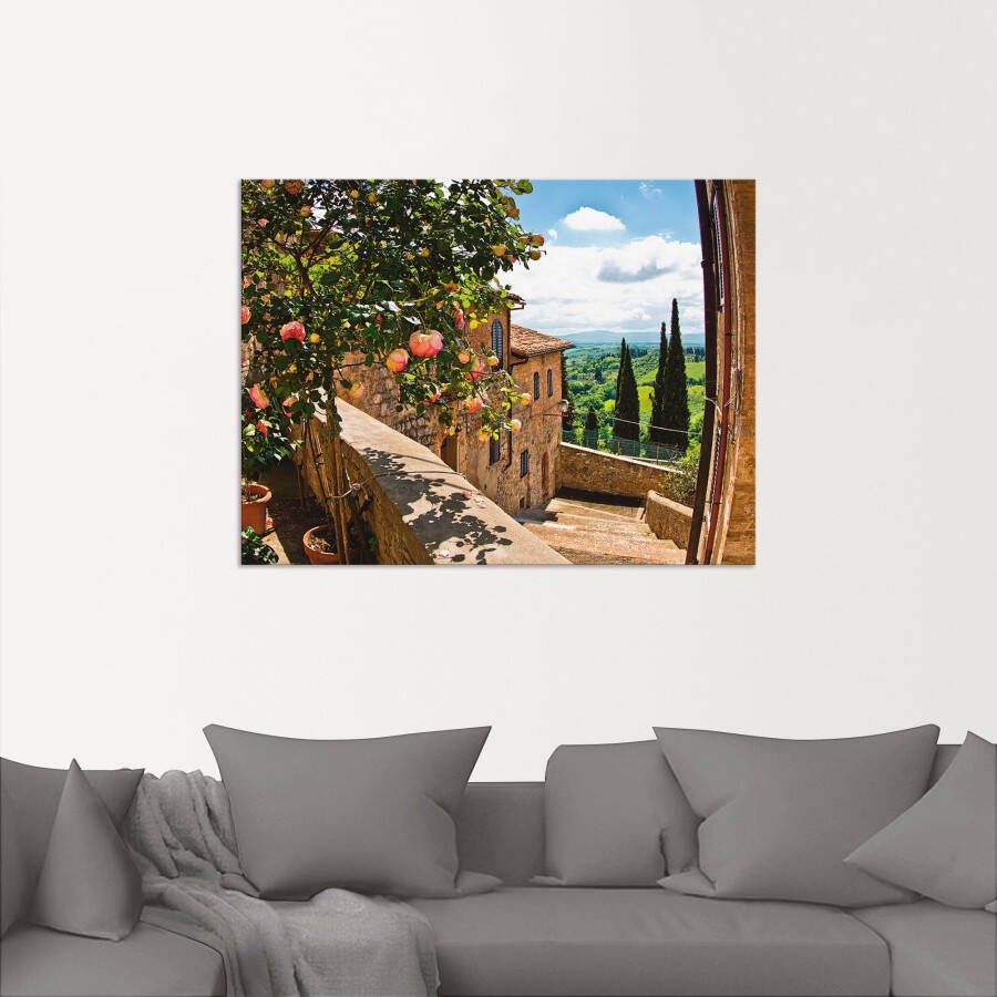 Artland Artprint Rozen op balkon Toscaans landschap als artprint van aluminium artprint voor buiten artprint op linnen poster muursticker