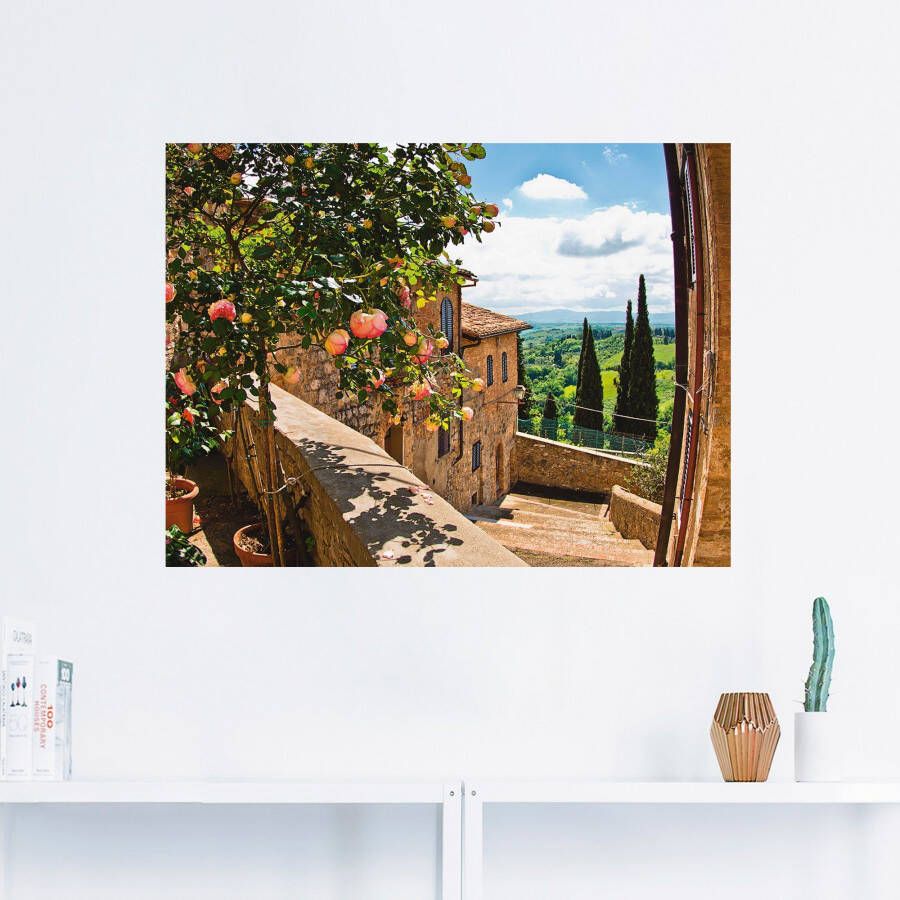 Artland Artprint Rozen op balkon Toscaans landschap als artprint van aluminium artprint voor buiten artprint op linnen poster muursticker