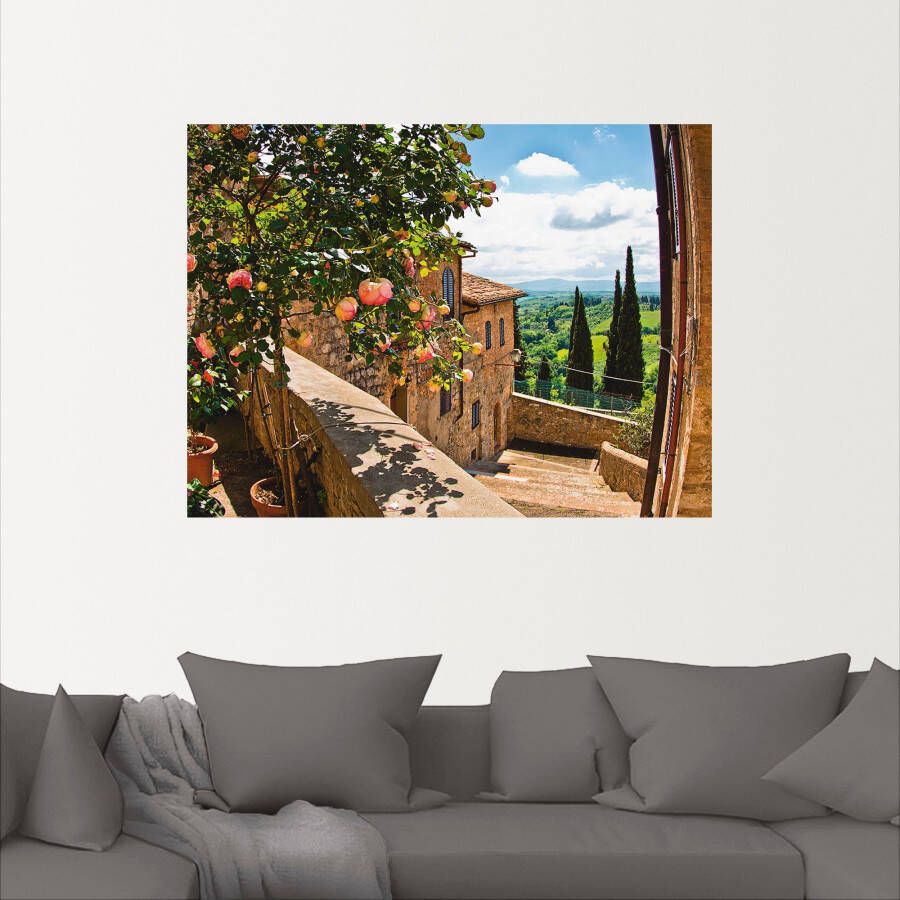 Artland Artprint Rozen op balkon Toscaans landschap als artprint van aluminium artprint voor buiten artprint op linnen poster muursticker