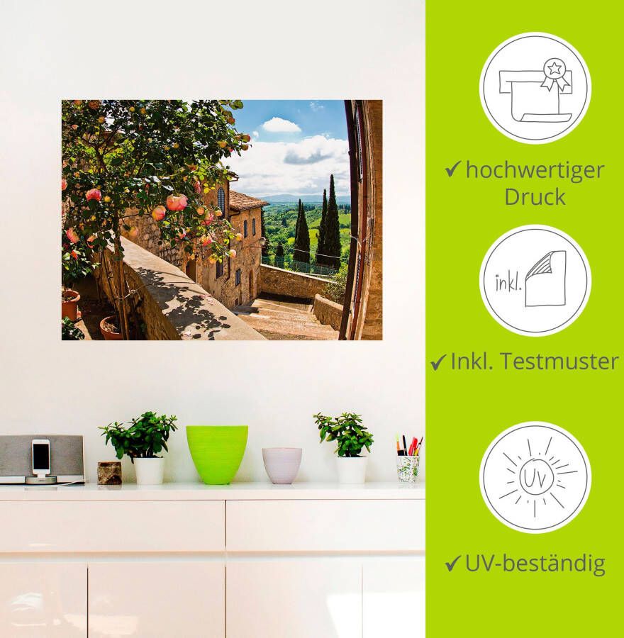 Artland Artprint Rozen op balkon Toscaans landschap als artprint van aluminium artprint voor buiten artprint op linnen poster muursticker