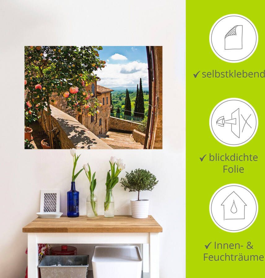 Artland Artprint Rozen op balkon Toscaans landschap als artprint van aluminium artprint voor buiten artprint op linnen poster muursticker