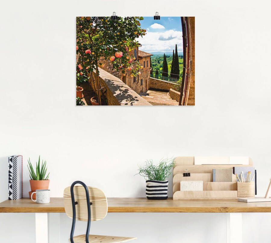 Artland Artprint Rozen op balkon Toscaans landschap als artprint van aluminium artprint voor buiten artprint op linnen poster muursticker