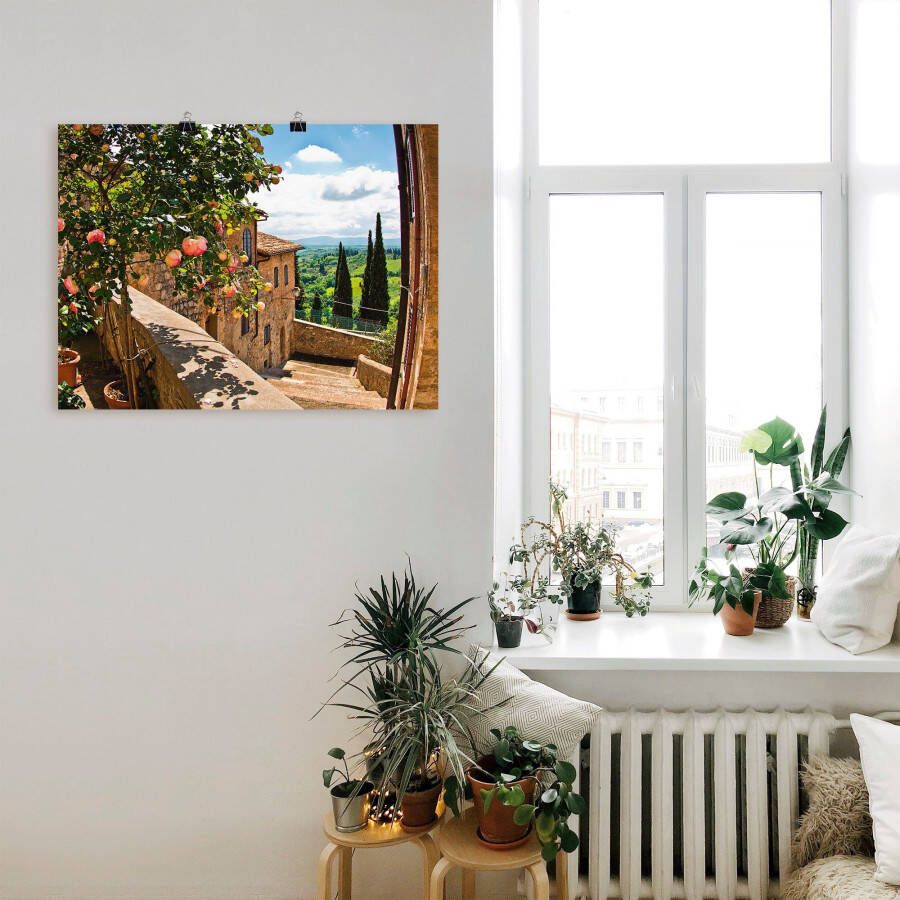 Artland Artprint Rozen op balkon Toscaans landschap als artprint van aluminium artprint voor buiten artprint op linnen poster muursticker