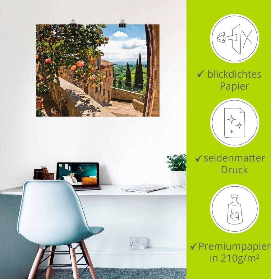 Artland Artprint Rozen op balkon Toscaans landschap als artprint van aluminium artprint voor buiten artprint op linnen poster muursticker