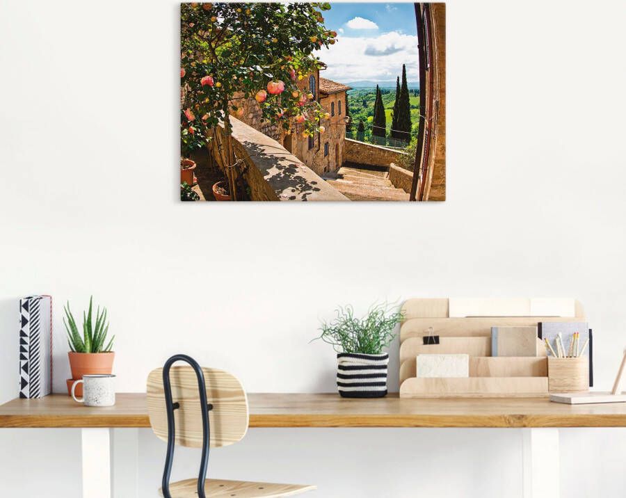 Artland Artprint Rozen op balkon Toscaans landschap als artprint van aluminium artprint voor buiten artprint op linnen poster muursticker