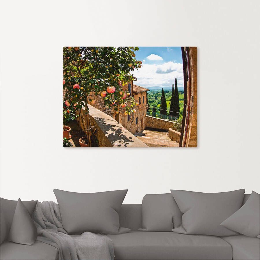 Artland Artprint Rozen op balkon Toscaans landschap als artprint van aluminium artprint voor buiten artprint op linnen poster muursticker