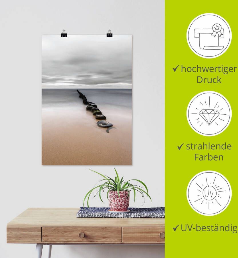 Artland Artprint Rustige kust met kribbben op het strand van de Oostzee als artprint op linnen poster in verschillende formaten maten