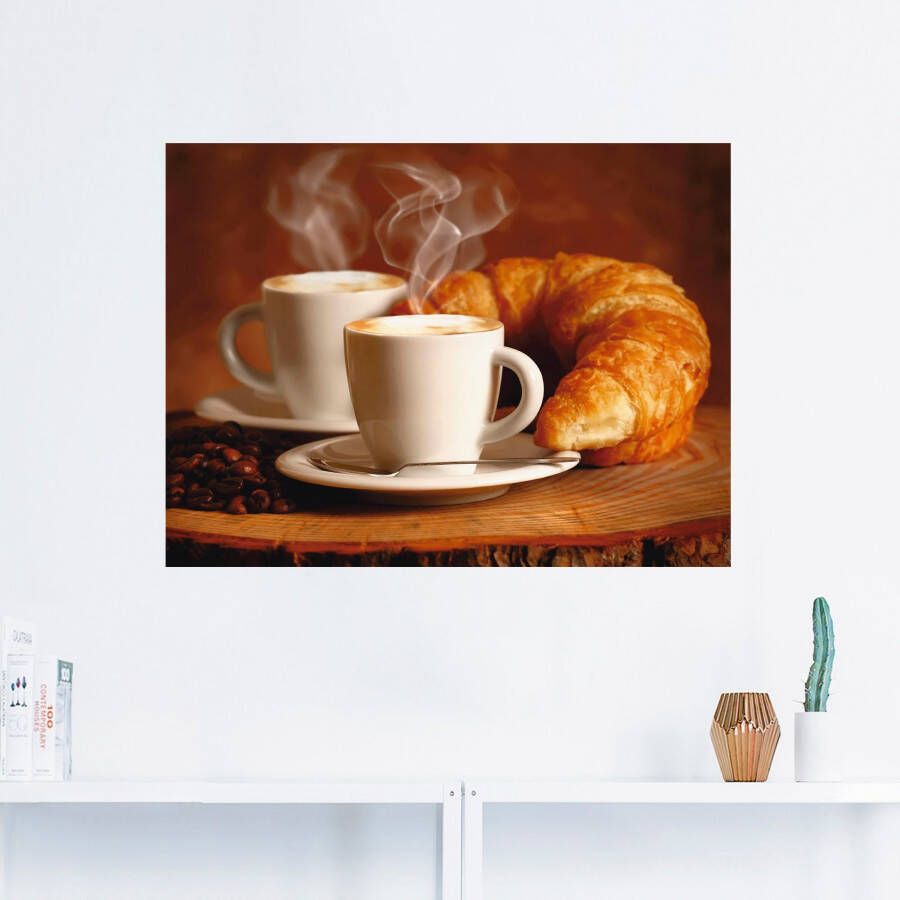 Artland Artprint Stomende cappuccino en croissant als artprint op linnen poster muursticker in verschillende maten