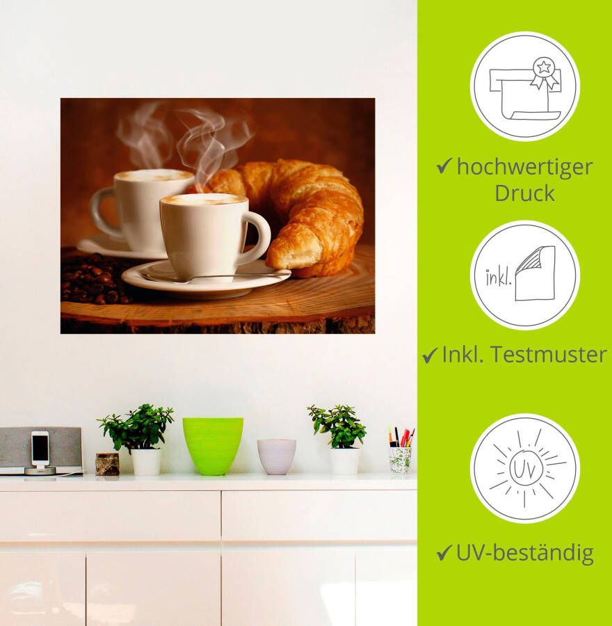 Artland Artprint Stomende cappuccino en croissant als artprint op linnen poster muursticker in verschillende maten