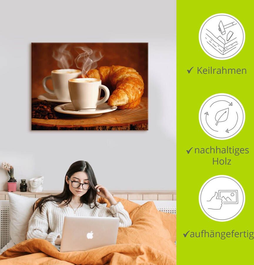 Artland Artprint Stomende cappuccino en croissant als artprint op linnen poster muursticker in verschillende maten