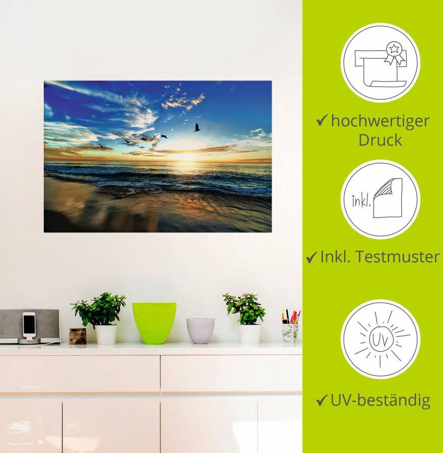 Artland Artprint Strand meeuwen zee zonsondergang als artprint van aluminium artprint voor buiten artprint op linnen poster muursticker