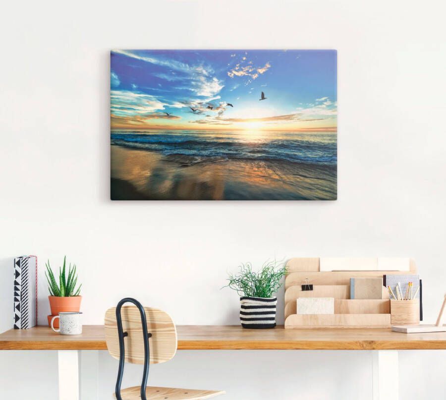 Artland Artprint Strand meeuwen zee zonsondergang als artprint van aluminium artprint voor buiten artprint op linnen poster muursticker