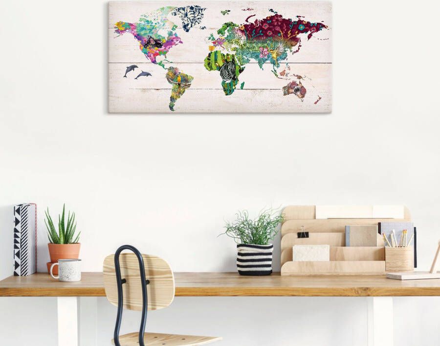 Artland Artprint Veelkleurige wereld op houten ondergrond als artprint op linnen poster in verschillende formaten maten