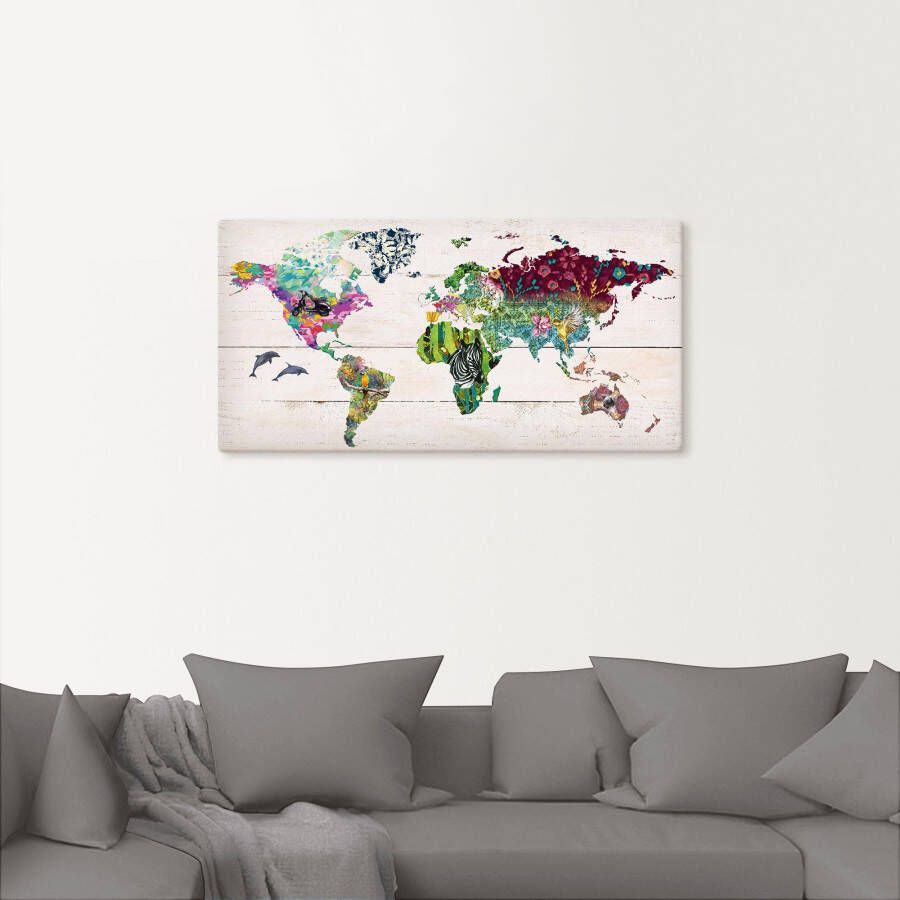 Artland Artprint Veelkleurige wereld op houten ondergrond als artprint op linnen poster in verschillende formaten maten