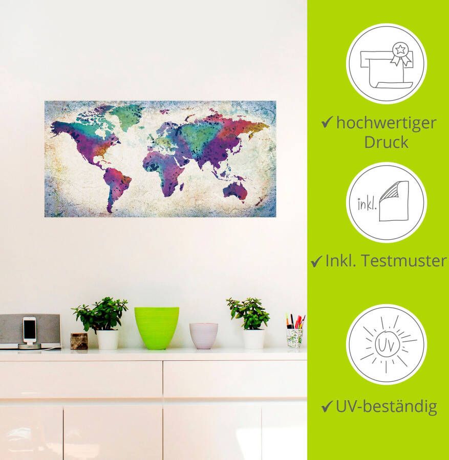 Artland Artprint Veelkleurige wereldkaart als artprint van aluminium artprint voor buiten artprint op linnen poster muursticker