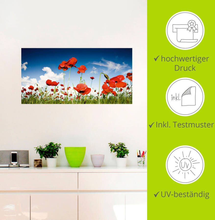 Artland Artprint Veld met klaprozen onder de hemel als artprint op linnen muursticker in verschillende maten