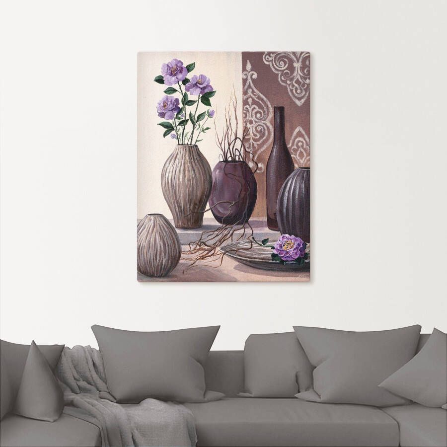 Artland Artprint Violette rozen en bruine vazen als artprint op linnen in verschillende maten