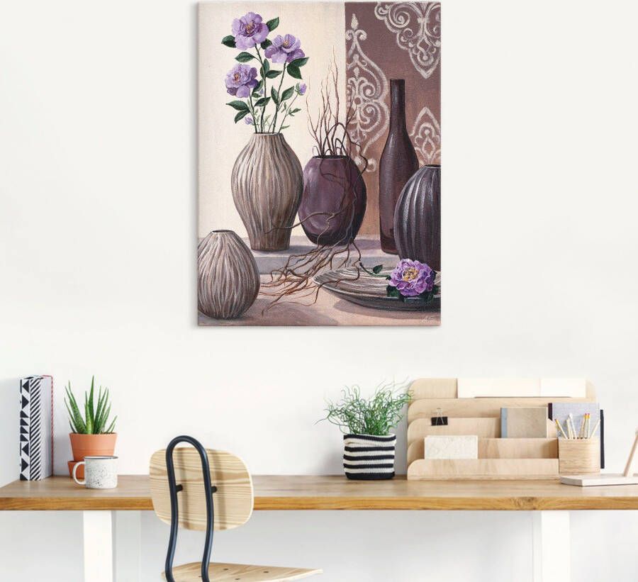 Artland Artprint Violette rozen en bruine vazen als artprint op linnen in verschillende maten