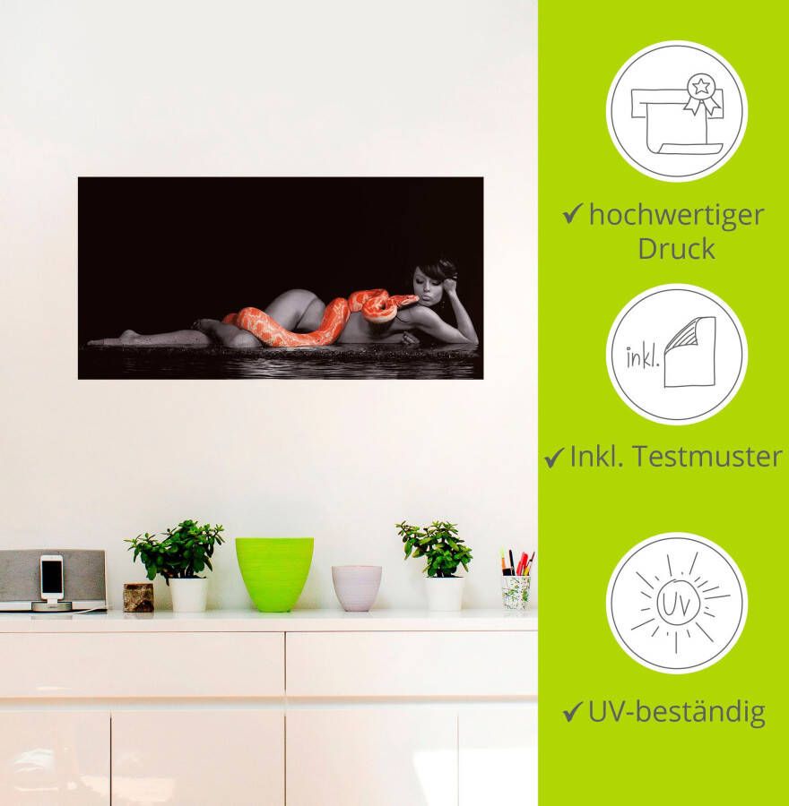 Artland Artprint Vrouw in water liggend met python als artprint op linnen poster muursticker in verschillende maten