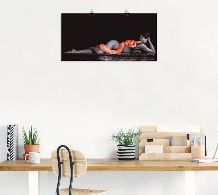 Artland Artprint Vrouw in water liggend met python als artprint op linnen poster muursticker in verschillende maten