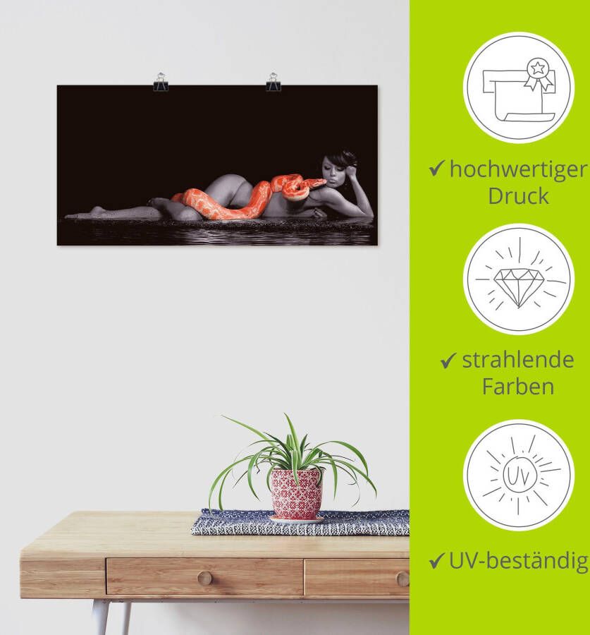 Artland Artprint Vrouw in water liggend met python als artprint op linnen poster muursticker in verschillende maten