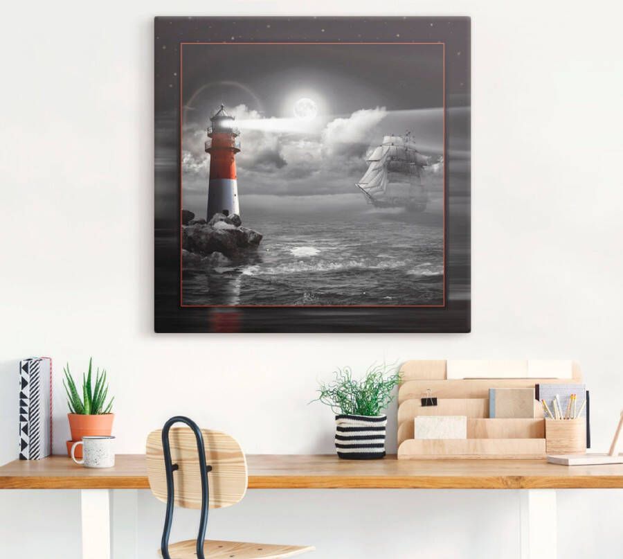 Artland Artprint Vuurtoren en zeilschip in het maanlicht als artprint op linnen poster muursticker in verschillende maten