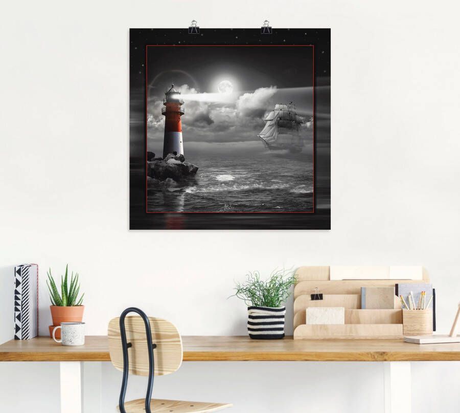 Artland Artprint Vuurtoren en zeilschip in het maanlicht als artprint op linnen poster muursticker in verschillende maten