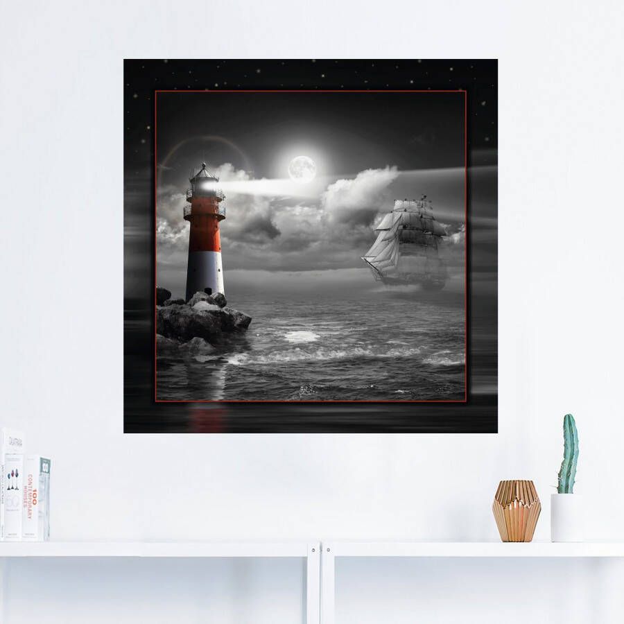 Artland Artprint Vuurtoren en zeilschip in het maanlicht als artprint op linnen poster muursticker in verschillende maten