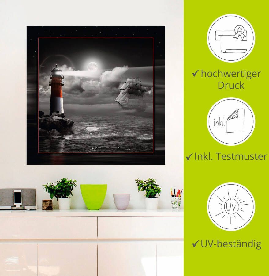 Artland Artprint Vuurtoren en zeilschip in het maanlicht als artprint op linnen poster muursticker in verschillende maten