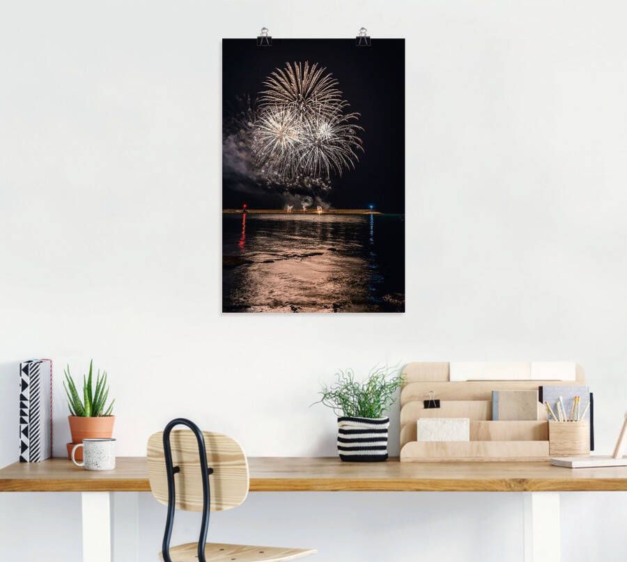 Artland Artprint Vuurwerk aan de zee als artprint van aluminium artprint op linnen muursticker of poster in verschillende maten