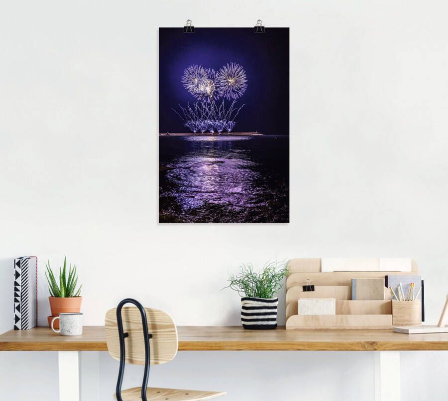 Artland Artprint Vuurwerk aan de zee als artprint van aluminium artprint op linnen muursticker of poster in verschillende maten