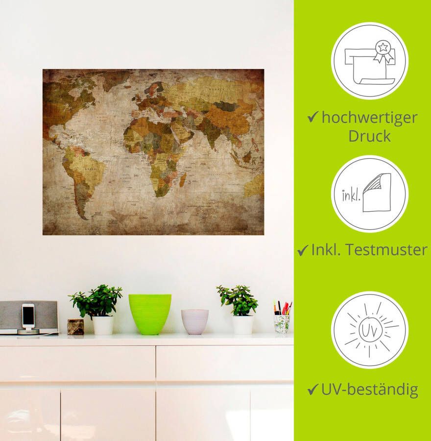 Artland Artprint Wereldkaart als artprint van aluminium artprint voor buiten artprint op linnen poster muursticker