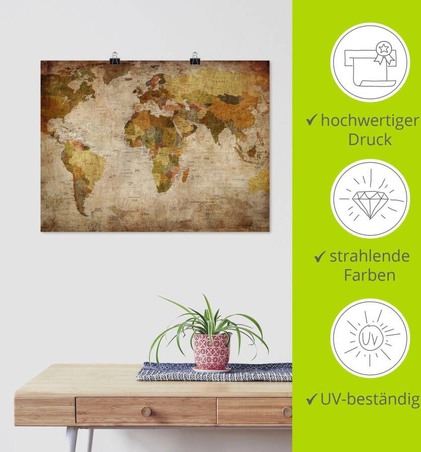 Artland Artprint Wereldkaart als artprint van aluminium artprint voor buiten artprint op linnen poster muursticker