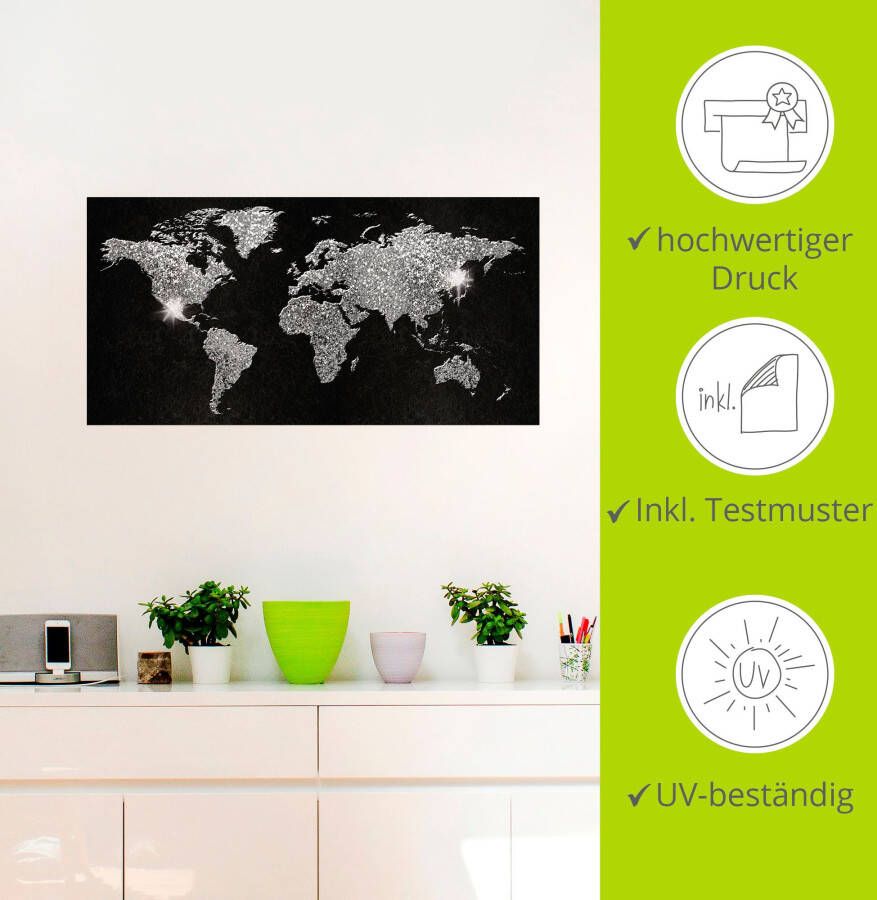 Artland Artprint Wereldkaart glitter als artprint van aluminium artprint voor buiten artprint op linnen poster muursticker