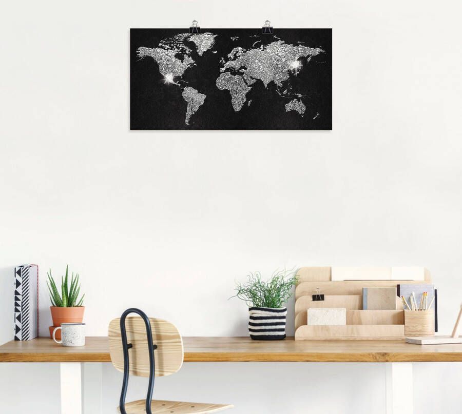 Artland Artprint Wereldkaart glitter als artprint van aluminium artprint voor buiten artprint op linnen poster muursticker