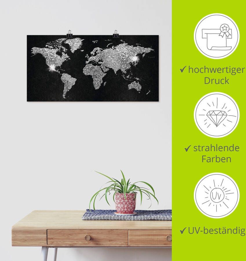 Artland Artprint Wereldkaart glitter als artprint van aluminium artprint voor buiten artprint op linnen poster muursticker