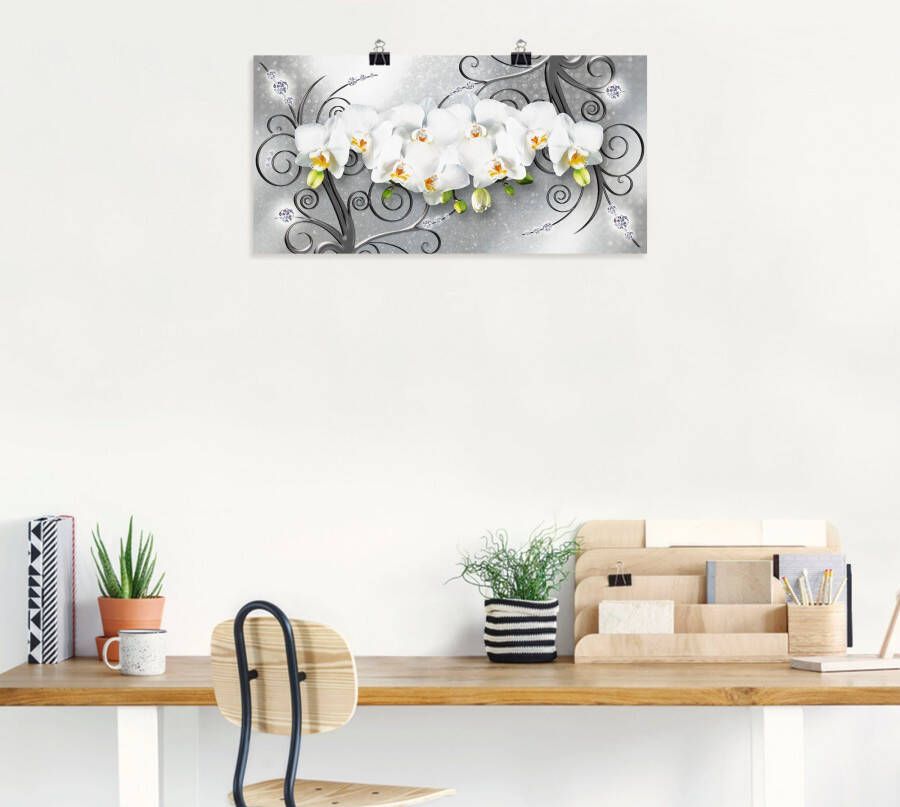 Artland Artprint Witte orchideeën op ornamenten als artprint van aluminium artprint voor buiten artprint op linnen poster muursticker