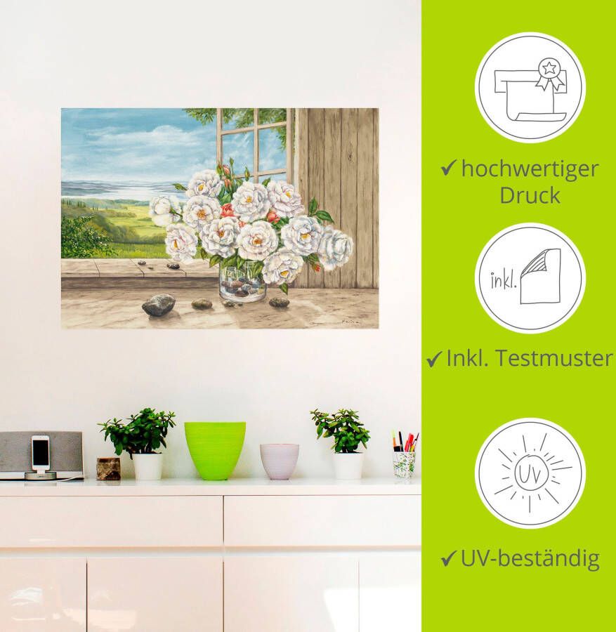 Artland Artprint Witte rozen bij het raam als artprint van aluminium artprint op linnen muursticker of poster in verschillende maten