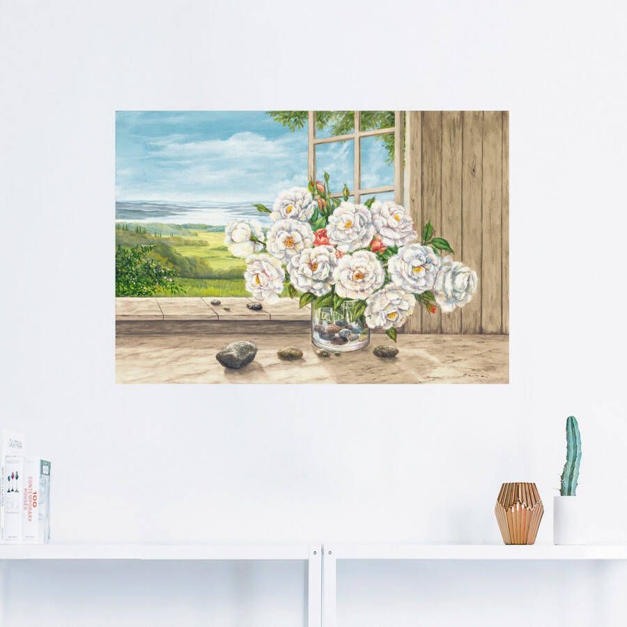 Artland Artprint Witte rozen bij het raam als artprint van aluminium artprint op linnen muursticker of poster in verschillende maten