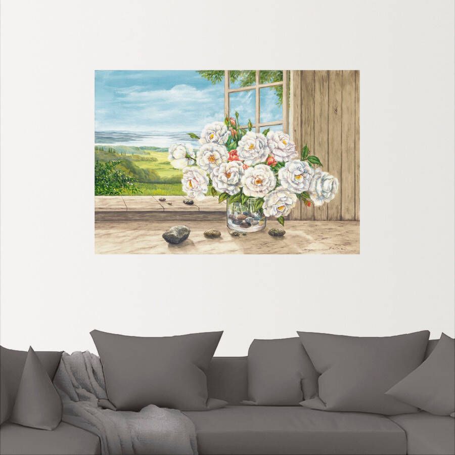 Artland Artprint Witte rozen bij het raam als artprint van aluminium artprint op linnen muursticker of poster in verschillende maten