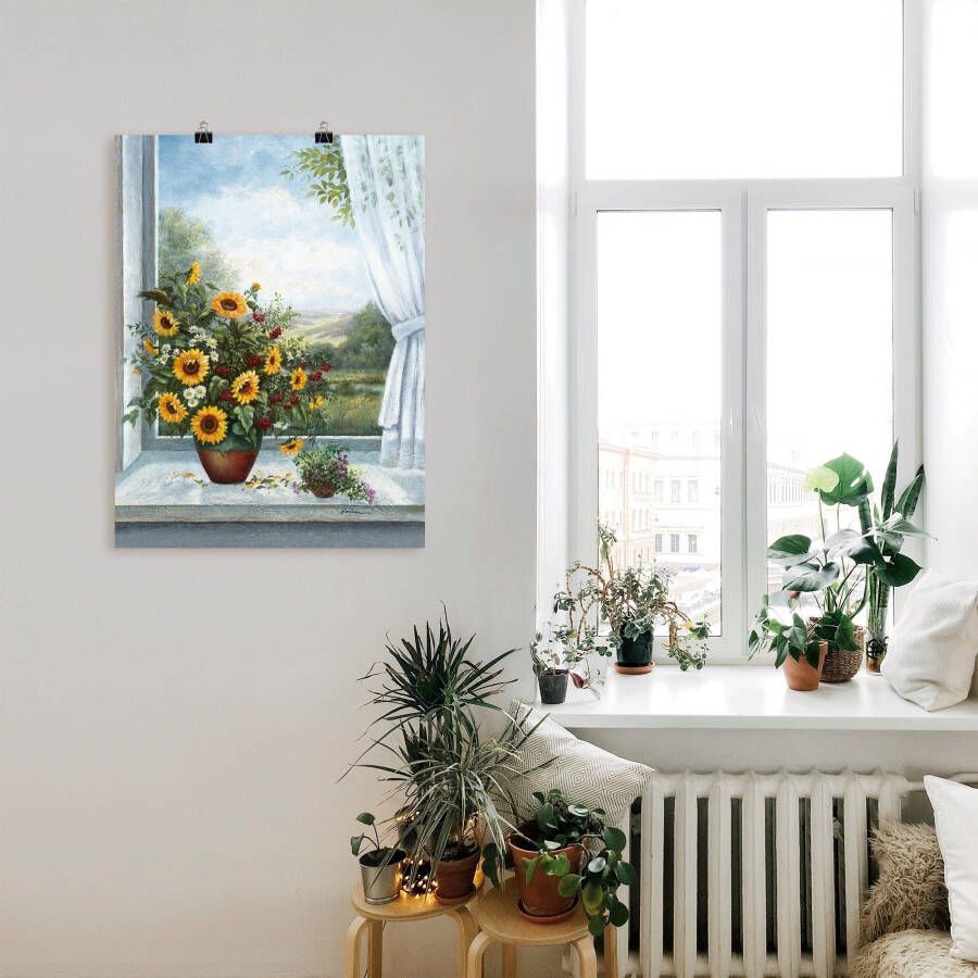 Artland Artprint Zonnebloemen bij het raam als artprint op linnen poster muursticker in verschillende maten