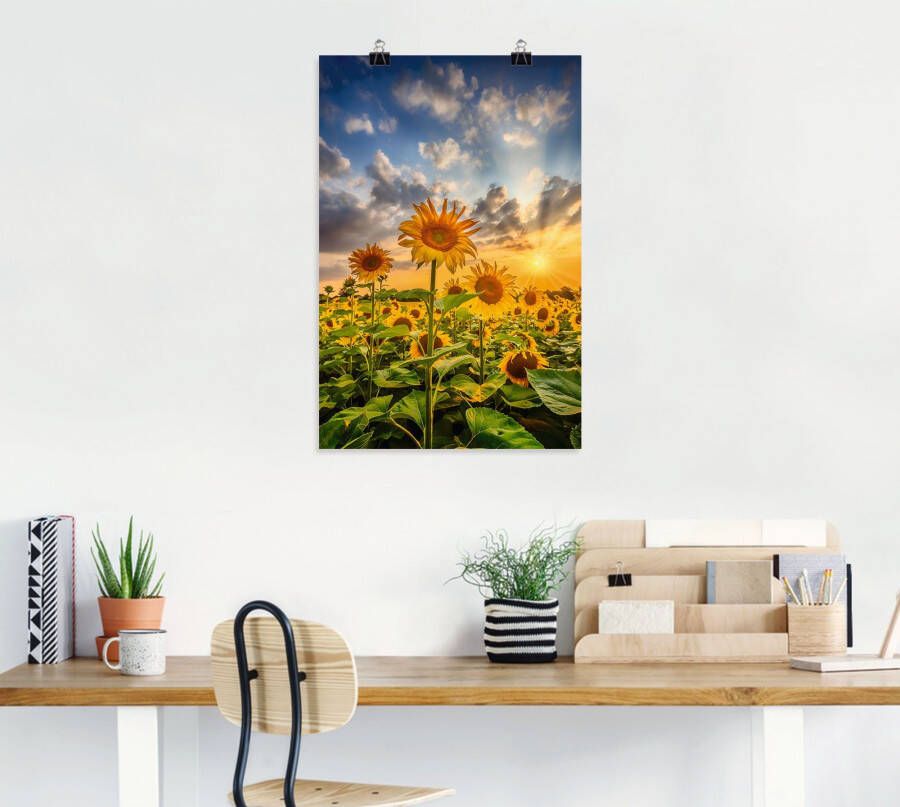 Artland Artprint Zonnebloemen in de zonsondergang als artprint op linnen poster in verschillende formaten maten